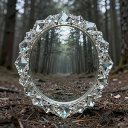 photo of a crystal mirror that is a portal to a barren!! world. Forest in the background. Fantasy magic style. Highly detailed 8k. Intricate. Nikon d850 55mm. Award winning photography.