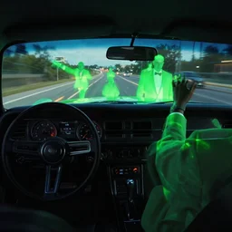 point of view inside muscle car running over glowing green men in suits