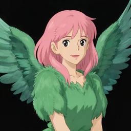 happy young woman with wings, medium length pink hair, green feathers on arms, detailed perfect face, exquisite details, mid view, design on a black background, by studio muti, greg rutkowski makoto shinkai takashi takeuchi studio ghibli