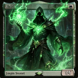 arcanis the omnipotent, glowing hooded sorcerer faceless figure, lightning green spells, mtg art, justin sweet