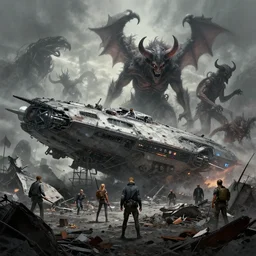 concept art, junkyard of spaceship and demons, realistic shaded lighting poster by ilya kuvshinov, magali villeneuve, artgerm, jeremy lipkin and michael garmash and rob rey