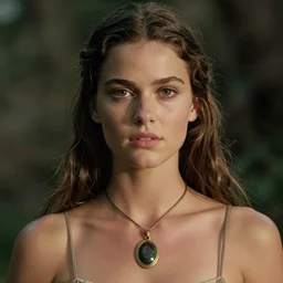 a beautiful portrait from the film indiana jones and the fate of atlantis, of sophia hapgood wearing the nur ab sal necklace, dslr hyper focused