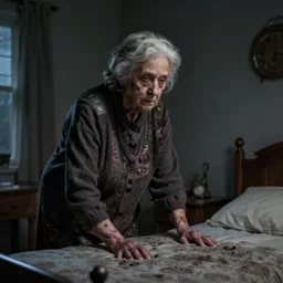 an old woman standing over a bed at night, photorealistic horror, ultra realistic, dark gloomy, by gaston bussiere, 4 k resolution