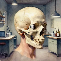 watercolor rough vhs human, cranial implant, by vincent di fate fine art masterpiece baked at 3 0 0 f, matte painting, small apartment lab lighting, photorealistic render, cinematic,