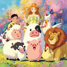 a vibrant emotional animation full shot of cute xenomorphic cow sheep pig chicken dog lion, studio ghibli, pixar and disney animation, sharp, disney concept art maximalist splatter paint illustration by shinji kimura and alphonse mucha and alena aenami, pastel color palette, bloom!!, dramatic lighting