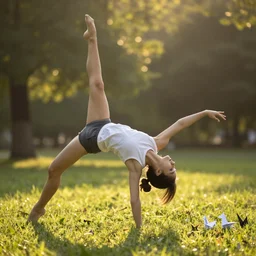 A girl made of paper folded origami doing acrobatic contemporary dance, dramatic lighting, with bokeh effect in a sunny meadow