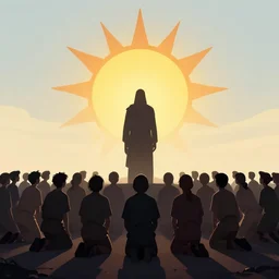the silhouette of the unmaker stands in front of the sun as the masses kneel before him in hope of salvation, end of the world, year 5 0 0 0, ominous, haunting, concept art, most popular of all time on artstation, by ted nasmith, ralph horsley