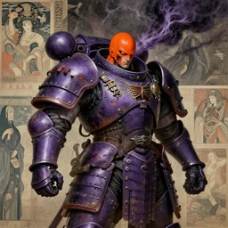composition of gothic and futuristic, warhammer, cyber japan samurai armor, more and more scars, storm, orange head, purple, the middle ages, highly detailed, artstation, in the style of moebius, jugendstil and classic japanese print, art by jean delville and rene magritte