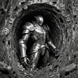 b & w inks macro animacule lichen hybrid viscera | as god |, curved chrome - rust chaos dystopic armor, wedged in necrotic metal sewer tunnel, ruined metal slag melted yaw tunnel openings, chris foss, wayne d barlowe, enric torres, alberto bontempi, feng zu hyper realism, narrative light, muted colors, epic, hyper detailed