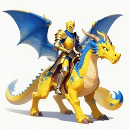 a knight in a yellow and blue armor riding a yellow and blue dragon, digital art, fantasy art, made by tom bagshaw