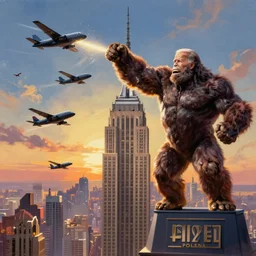 Joe Biden at the top of empire state swatting at planes like King Kong, political cartoon style