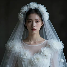 hight focus f - 2 2, 8 5 mm, iso 1 0 0 : a wonderful realistic focused portrait of a lonely woman without hands with a detailed wonderful symmetrical face who is dressed with a wonderful, majestic, large semi transparent white cotton dress ornate with semi transparent cotton roses and semi transparent white veils, dramatic light, octane render, by roberto ferri style, - 8 k