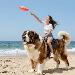 girl riding a giant saint Bernard at the beach catching a frisbee, trending on artstation