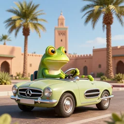frog driving a mercedes in marrakech, palm trees, octane render, unreal engine, hyperdetailed