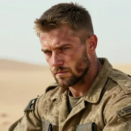 portrait of muscular, tired and alcoholic 3 0 - year - old handsome man with short darkblonde hair, serious sad look in his eyes, dirty beard, blue eyes, crying tears, heads down, his friend died, wearing dirty soldier uniform, on the desert, hyper realistic face, beautiful eyes, character art, art by mark brooks, hyperdetailed, cryengine, trending on artstation, digital art