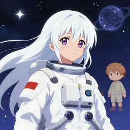 portrait of a young astronaut girl, flowing white hair, macross,Haruhiko Mikimoto, Hisashi Eguchi yoshitoshi abe, loish, murata range, synthwave, cosmic, kawaii,high contrast bright colors, big anime eyes,studio lighting, manga, anime, 1980s, vibrant, beautiful,  dreamy, gradation, jean giraud, ((space nebula background))