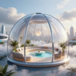 a beautiful lounge with a pool inside a futuristic glass dome house designed by zaha hadid, futuristic city background, clouds, octane render, ray tracing