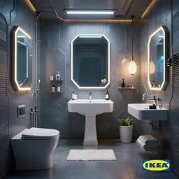 IKEA catalogue photo of an epic cyberpunk bathroom, by Paul Lehr, 8k, HD, realistic, cinematic, artstation, details