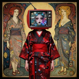 cute punk goth fashion fractal alien martian girl with a television head wearing kimono made of circuits and leds, surreal Dada collage by Man Ray Kurt Schwitters Hannah Höch Alphonse Mucha, red and black