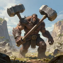 a huge golem holding a huge hammer in the middle of a valley, wlop, concept art, digital painting, trending on artstation, highly detailed, epic composition, 8 k uhd