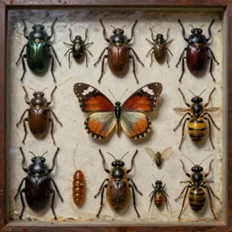 a grid of strange giant pinned insects in a museum display case, beetles, spiders, butterflies, moths, wasps, bees, maggots, locusts and flies, oil painting by max ernst and anselm kiefer, decay, mixed media, textured, sharp focus, highly detailed, photographic emulsion cracked and peeling, rust, cinematic lighting, 8 k, hd