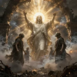 Humans seeing the light of god with Death blocking the view, overgrown ruins, billowing smoke, embers, hyperdetailed, artstation, cgsociety, by greg rutkowski, by Gustave Dore