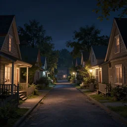 a quaint suburban street at night, realistic rendering, unreal engine, 4k, hdr, high dynamic range, f12, by simon stalenhag