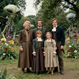 sharp, highly detailed, 5120k film, 175000mm film still from a sci fi blockbuster color movie made in 2019, set in 1860, of a family standing in a park, next to some strange alien plants and flowers, on an alien planet, the family are all wearing 1860s era clothes, good lighting, enhanced faces, 350mm f/1.4L lens