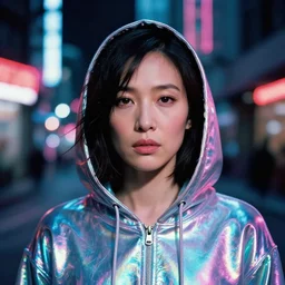A hyper realistic and detailed head portrait photography of Gemma Chan in an iridescent-electronic hoodie on a futuristic street. by Annie Leibovitz. Neo noir style. Cinematic. neon lights glow in the background. Cinestill 800T film. Lens flare. Helios 44m