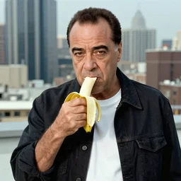 a photograph portrait of Tony Soprano eating a banana while looking at the camera, he is on a skyscraper rooftop