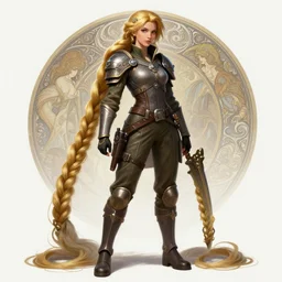 full body photograph of female soldier with rapunzel hair, deep focus, intricate, elegant, highly detailed, digital painting, artstation, concept art, matte, sharp focus, illustration, d & d, fantasy, hearthstone, art by artgerm and greg rutkowski and alphonse mucha