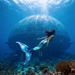 a mermaid swimming past a futuristic underwater dome city