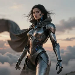 portrait of a diabolical beautiful female cyborg girl, cloak cape on the wind, adaptive armor, dynamic pose, heavy eyes to the side, by navanh chanthara, glowing veins and cracks, in clouds, sunset, portrait, by gerald brom, by mikhail vrubel, by peter elson, muted colors, extreme detail, reflections, trending on artstation, 8 k