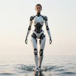 beautiful centered Fine art photo portrait of Jessica Nigri as a solarpunk robotic humanoid treading on water, white mechanical parts with bright led lights, photorealistic, white background, highly detailed and intricate, sunset lighting, HDR