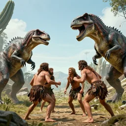 cavemen contending with prehistoric monsters, a colorized photo, colorized, # film, movie still