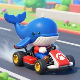 whale driving a kart in mario kart double dash, wii screenshot, whale driving a kart