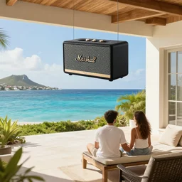 a beautiful appartment for a couple with a beautiful terrasse and a Marshall speaker suspended 50 meters above the lagoon of Saint-Martin island, mate painting, realistic, beautiful light,