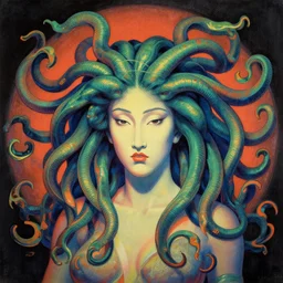 a beautiful painting lovely 3 d medusa, by ukiyo - e award - winning art, andy warhol color, dramatic light, color screen printing