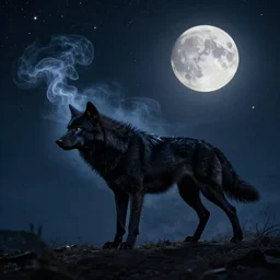 black wolf made of smoke going into the night sky full of stars and a full moon, dramatic, in the style of ben jeffery