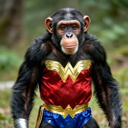 A chimpanzee wearing a Wonder Woman outfit, photographed in the style of Annie Leibovitz, hyperreal