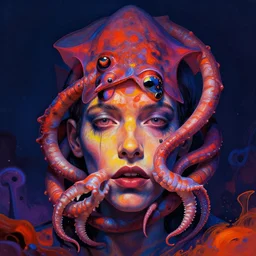 a huge vampire squid wrapped around a human face, psychedelic, bright. rich