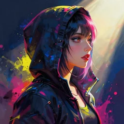 cyberpunk goddess with a hoodie, side portrait, striking, defiant, spotlight, vibrant colors, paint splash, beautiful eyes, by marco paludet and gianni strino and marion bolognesi