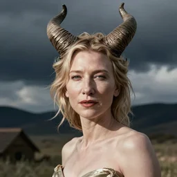 hypperrealistic photograph of cate blanchett with horns- n9