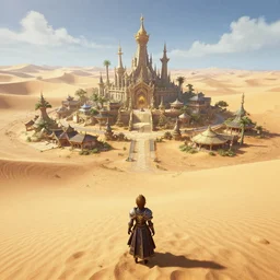 a beautiful isolated sacred spiritual fantasy alien village in a vast sand desert, 3 rd person game, screenshot, gameplay, final fantasy, square enix, squaresoft, jrpg, unreal engine, 4 k, ultra high settings, rtx, next gen graphics