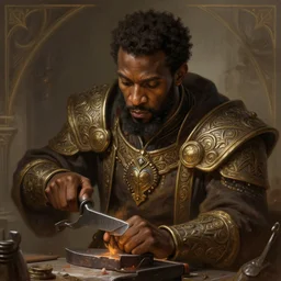portrait of a male blacksmith, deep focus, intricate, elegant, regal, highly detailed, digital painting, artstation, concept art, matte, sharp focus, illustration, d & d, fantasy, hearthstone, art by artgerm and greg rutkowski and alphonse mucha