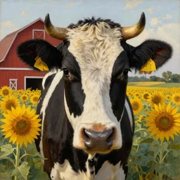 up close face portrait of a black and white cow in a beautiful field of sunflowers with a red barn behind it, by Michael Sowa, golden hour, extremely detailed masterpiece, oil on canvas, by J. C. Leyendecker and Peter Paul Rubens and Edward Hopper and Michael Sowa,