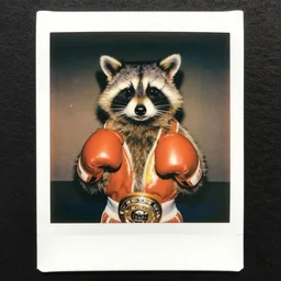 old forgotten polaroid featuring: Rocky Raccoon, the oz-for-oz southpaw KING!!! raccoon boxing champion decked out in sparring gear. official vintage polaroid portrait from Raccoon Boxing Archives (1982).