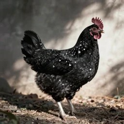 an all black chicken spotted with small white heart shapes