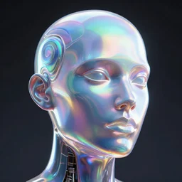 3d render of holographic human robotic head made of glossy iridescent, surrealistic 3d illustration of a human face non-binary, non binary model, 3d model human, cryengine, made of holographic texture, holographic material, holographic rainbow, concept of cyborg and artificial intelligence
