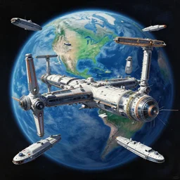 a futuristic space station in space, ships docking and flying around, in the background the globe planet earth!!! in blue and green, extremely detailed matte painting by simon stalenhag and greg rutkowski and kim jung gi